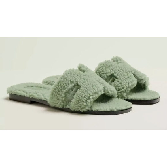 Hermes Oran Teddy Shearling Fur Green H Logo Slide Sandal Mule Flat Flip Flop 42 - Picture 2 of 12